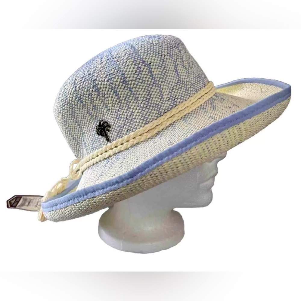 Sun N’ Sand Headwear Sun Beach Floppy Straw Hat Cream/Lt Blue Adjustable New
